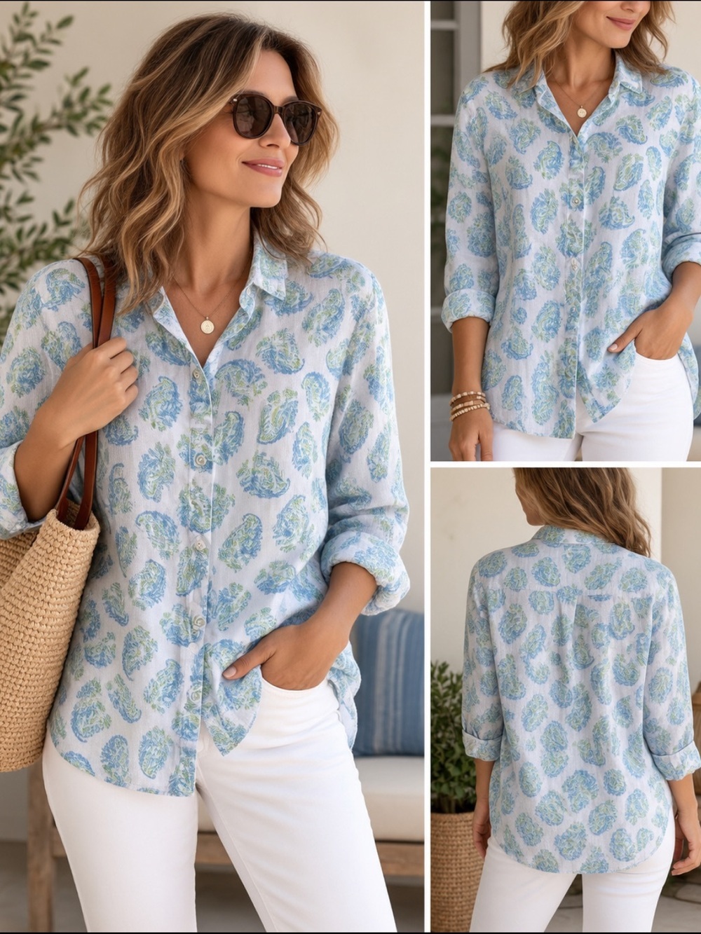 J. Jill 100% Linen Blue and Green Paisley Button Down Shirt size Medium